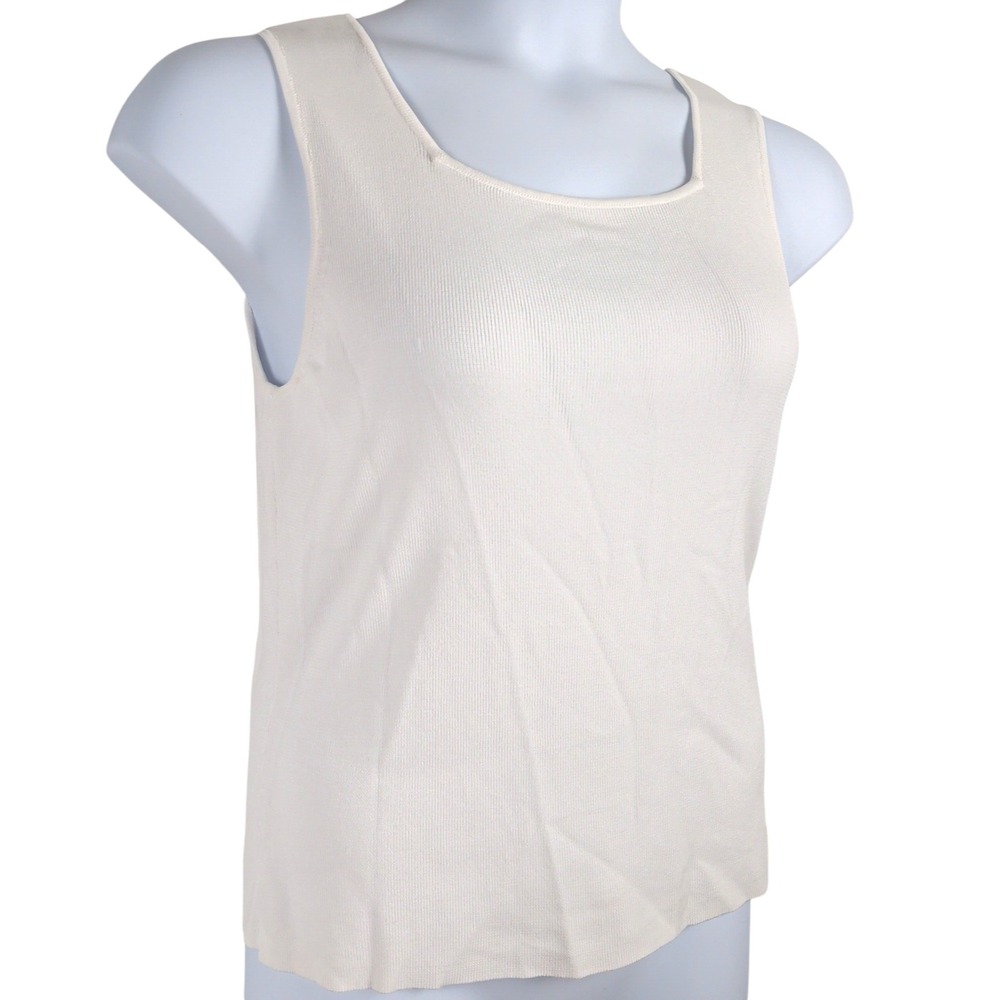 Minimalist Cream Ribbed Knit Tank Top Square Neck Sleeveless Stretchy Sz Medium